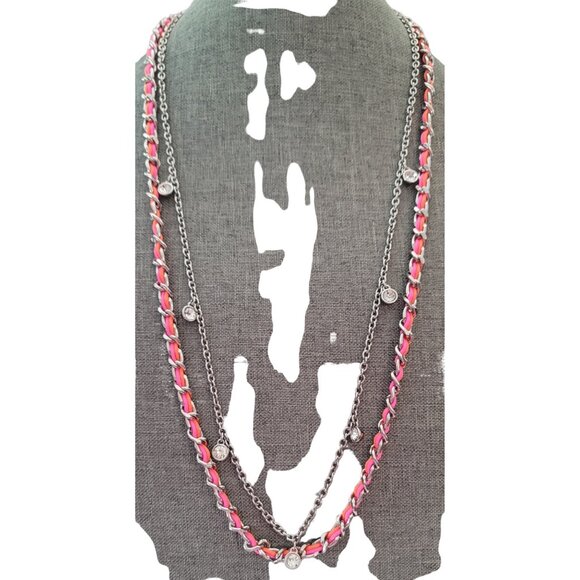 Ann Taylor Silver Tone Pink Orange Cord Crystal Stations Chain Necklace, E874 - Picture 3 of 8